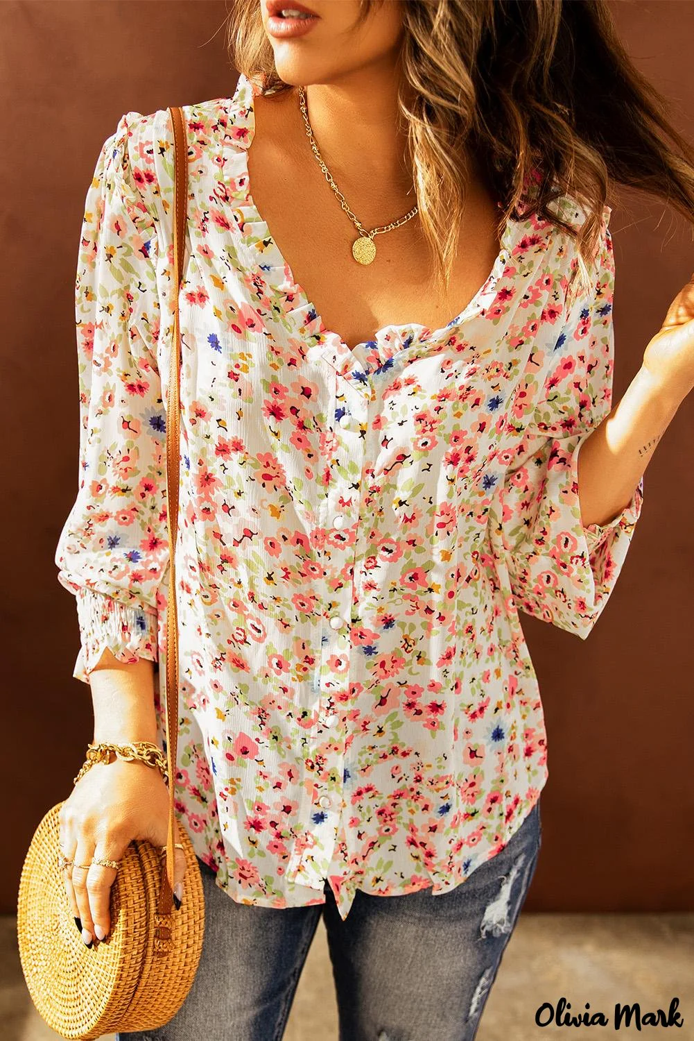 Deanwangkt - Floral Print V-Neck Long Sleeve Shirt - Deanwangkt