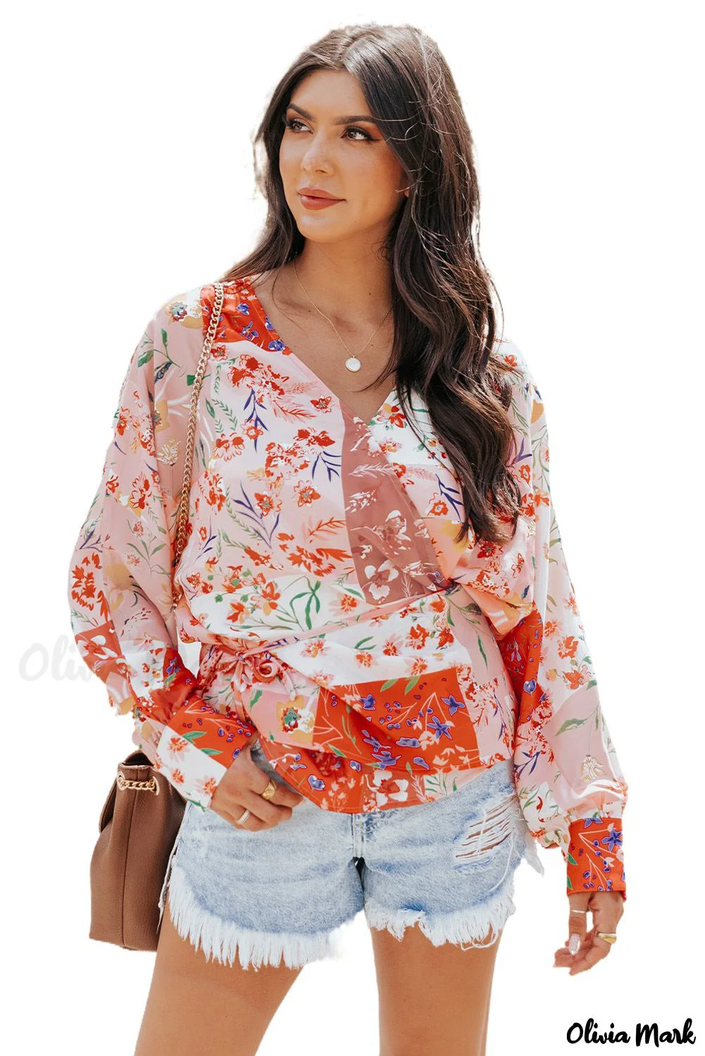 Deanwangkt - Multicolor Patchwork Floral Print V-Neck Wrap Blouse - Deanwangkt