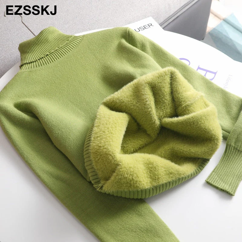Christmas Gift Deanwangkt Autumn winter cashmere basic warm Sweater velvet Pullovers Women female fur thick Turtleneck sweater knit Jumpers top - Deanwangkt