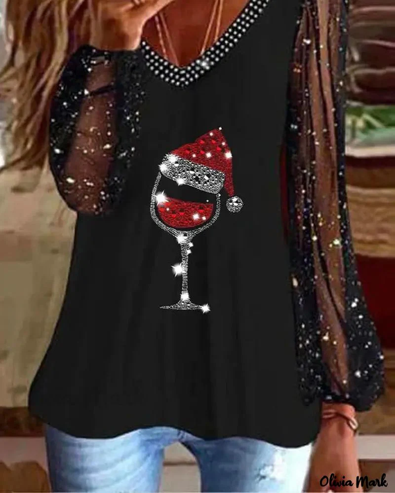 Deanwangkt - Contrast Tulle Long Sleeve Christmas Top with Wine Glass - Deanwangkt