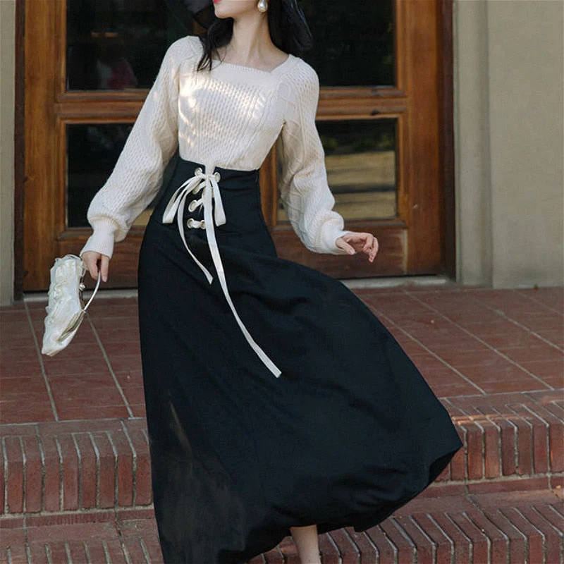 Christmas Gift 2 Piece Set Women French Elegant Suit Female Vintage Square Collar Knitted Sweater+ Bow Lace-Up Skirt Korean Deanwangkt Winter Outfits - Deanwangkt