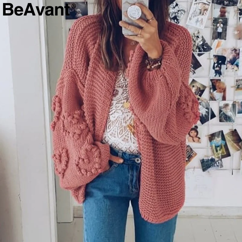 Christmas Gift  Loose women knitted cardigans Lantern sleeve heart crochet oversize sweaters Autumn winter female cardigan coats outwear - Deanwangkt