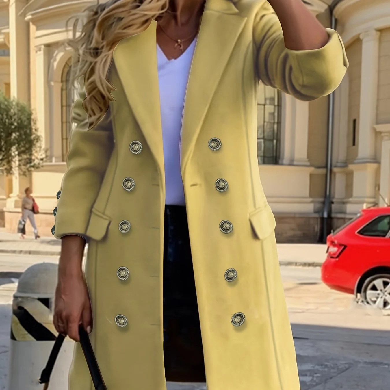 deanwangkt-1  Plus Size Elegant Coat, Women's Plus Solid Long Sleeve Double Breast Button Lapel Collar Woolen Longline Coat With Flap Pockets - Deanwangkt