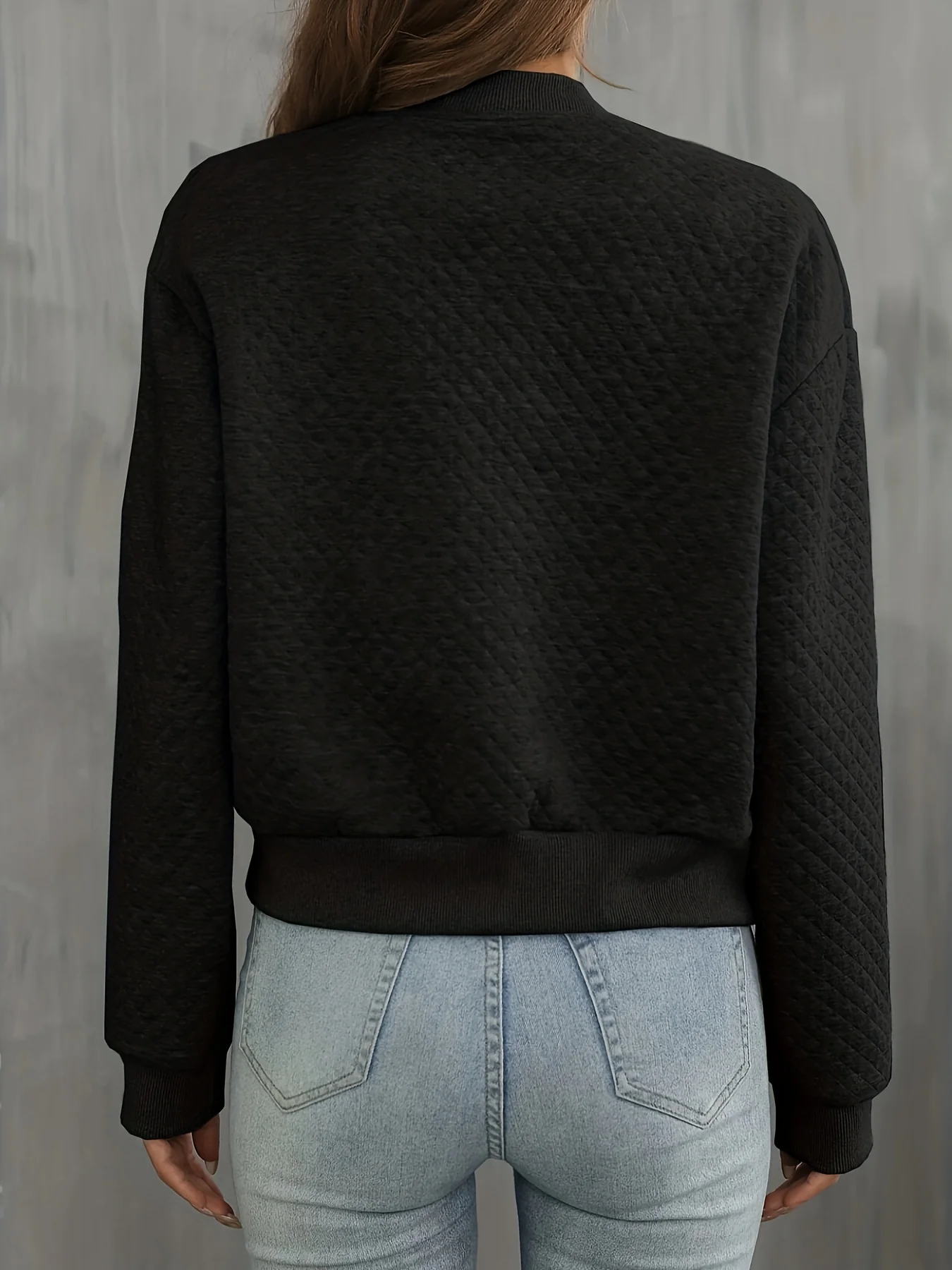 deanwangkt-1 Solid Simple Bomber Jacket, Casual Zip Up Long Sleeve Outerwear, Women's Clothing - Deanwangkt