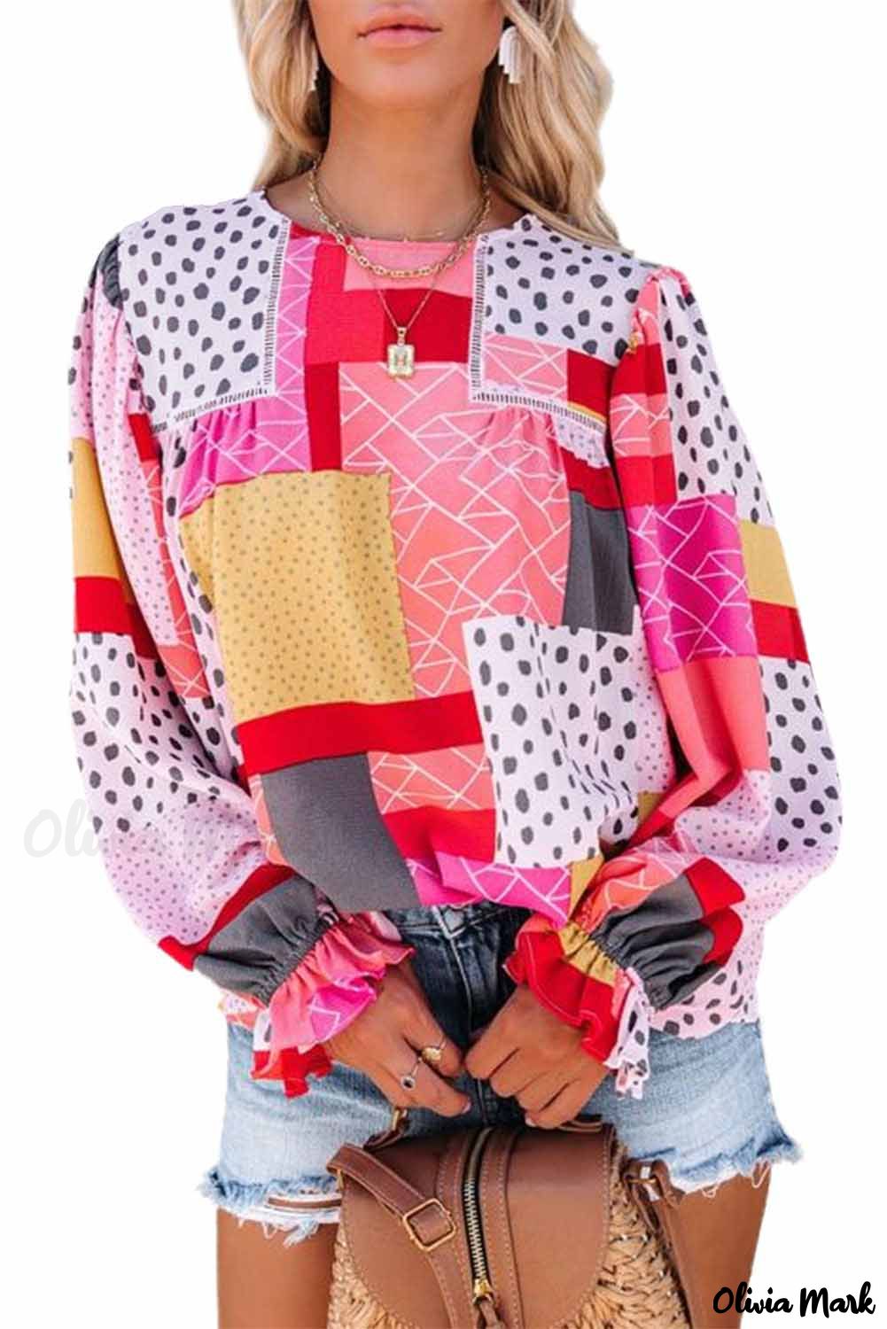 Deanwangkt - Multicolor Polka Dot Geometric Patchwork Long Sleeve Blouse - Deanwangkt