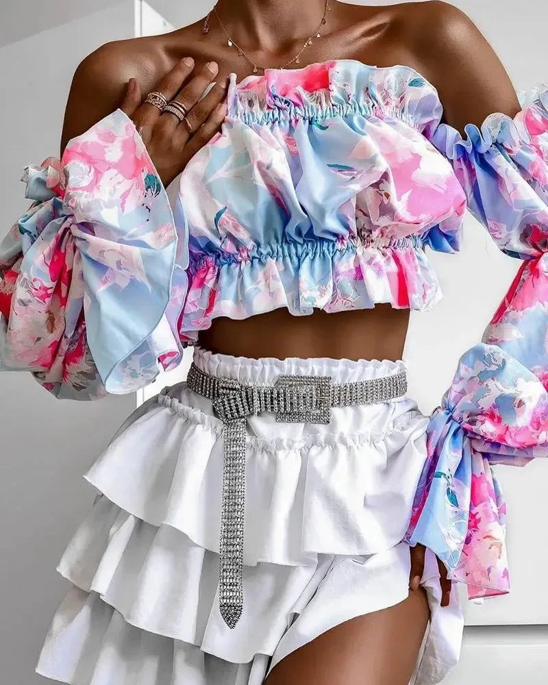 Deanwangkt - Off The Shoulder Floral Print Crop Top With Flare Sleeve And Ruffle Hem - Deanwangkt