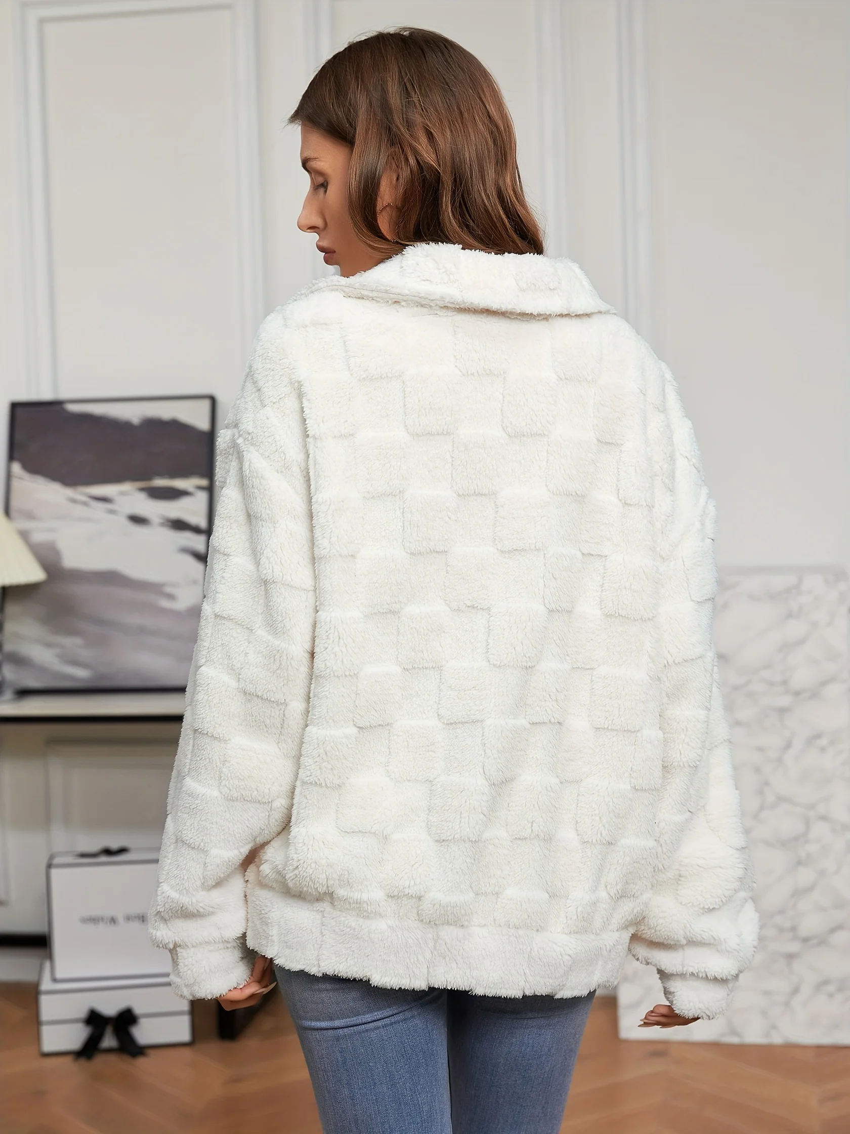 deanwangkt-1  Fuzzy Solid Coat, Casual Zip Up Long Sleeve Winter Warm Outerwear, Women's Clothing - Deanwangkt