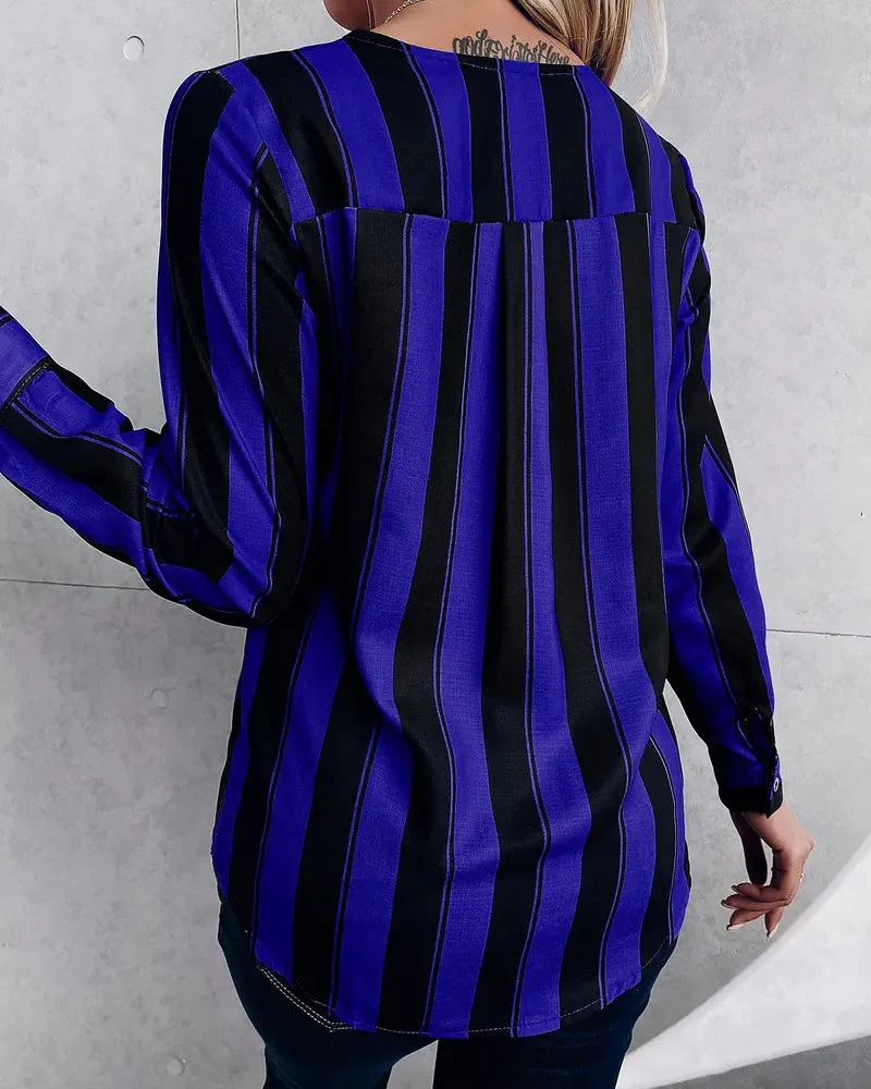 Deanwangkt - Relaxed Deep V Stripe Long Sleeve Blouse - Deanwangkt