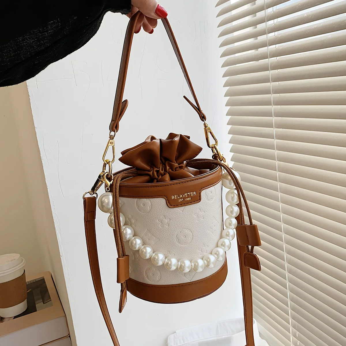 Women's Embossed Bucket Bag, Pearl Chain Crossbody Bag, Mini Top Handle Drawstring Purse (5.5*7.9) Inch - Deanwangkt