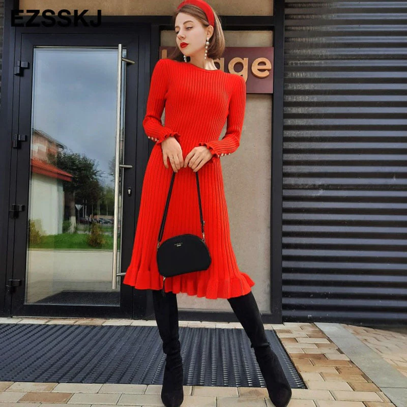 Christmas Gift Deanwangkt autumn winter thick Mermaid sweater dress elegant knit Trumpet dress women slim midi dress Female chic knit elegant dress - Deanwangkt