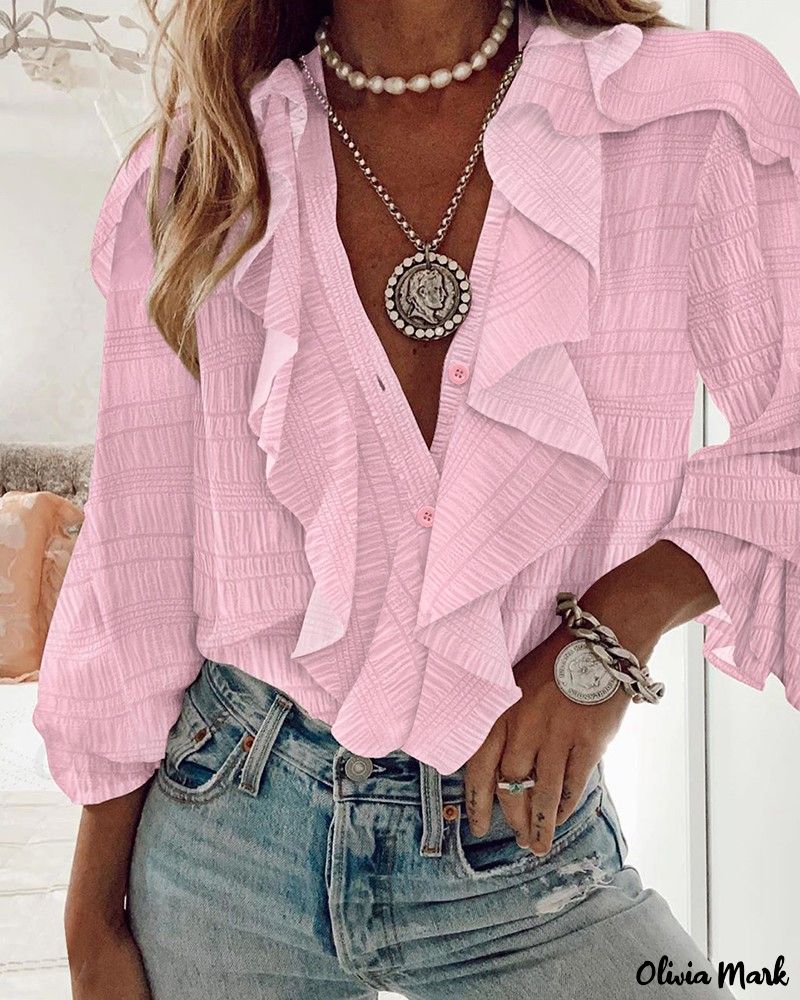 Deanwangkt - Textured Long Sleeve Blouse with Ruffled Hem - Deanwangkt