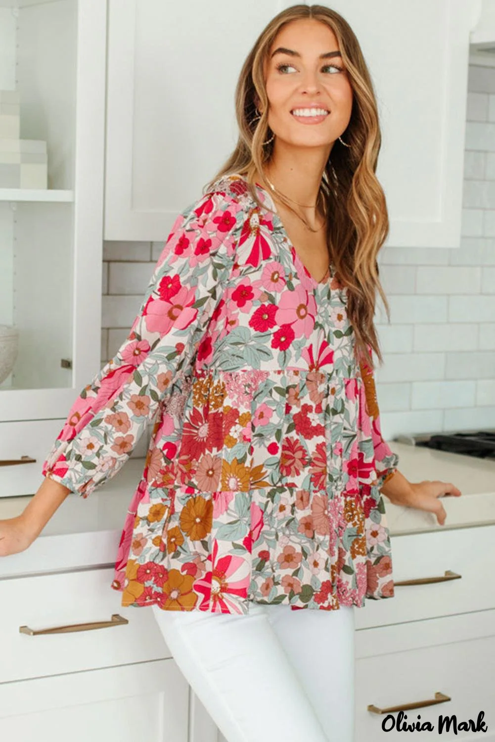 Deanwangkt - Floral Print Ruched Babydoll V-Neck Blouse - Deanwangkt