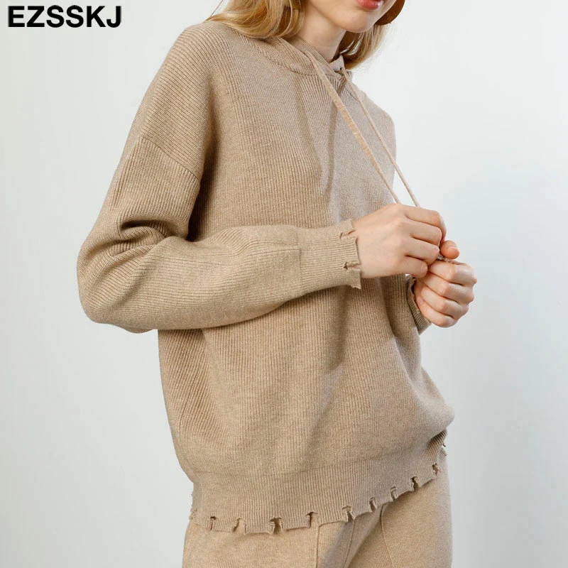 Christmas Gift 2 Pieces Set Women hooded sweater Tracksuit Turtleneck Sweater + Carrot Jogging Pants Pullover Sweater Set CHIC Knitted Outwear - Deanwangkt
