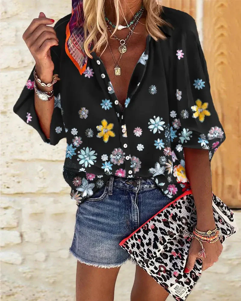 Deanwangkt - Floral Print Lantern Sleeve Button Down Shirt - Deanwangkt