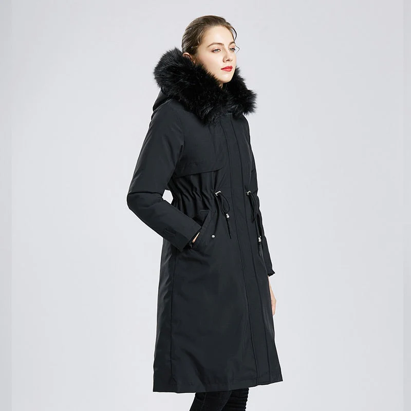 Black Friday Sales New Winter Women Warm Wool Liner Long Coat Thick Hooded Parkas Large Fur Collar Embroidery Jacket Snow Padded Outwear - Deanwangkt