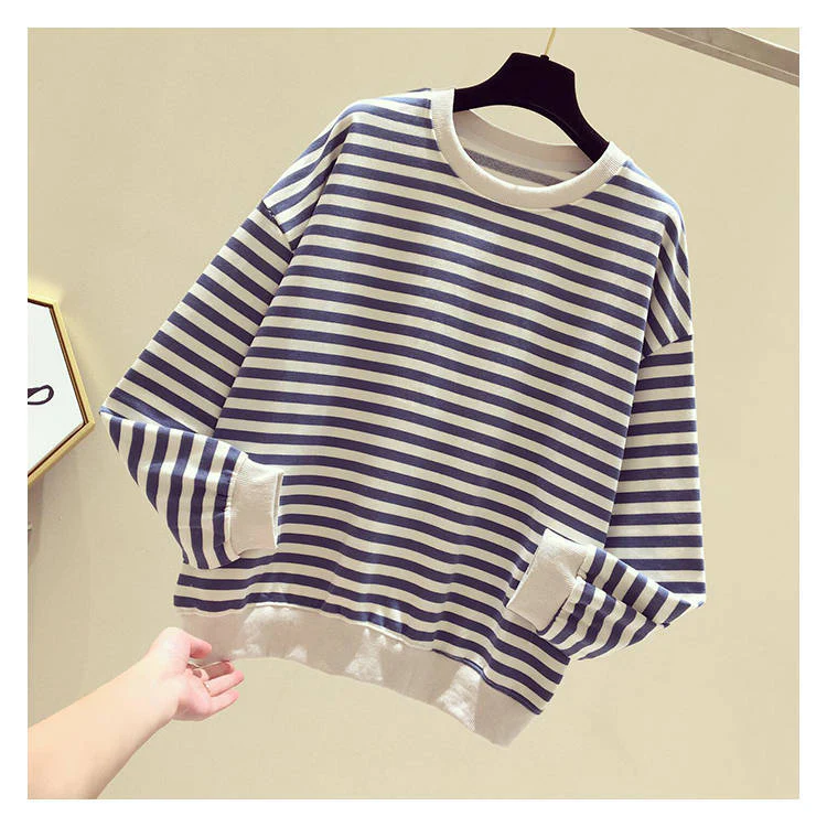 Christmas Gift Autumn Striped Knitted Hoodies Sweatshirts Women Casual Gentle Long Sleeve Loose Pullovers Patchwork O-Neck Collar Tops - Deanwangkt