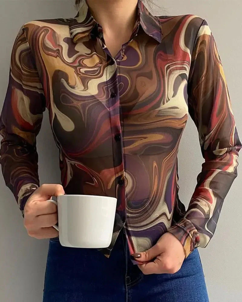 Deanwangkt - Marble Print Long Sleeve Button Down Shirt - Deanwangkt