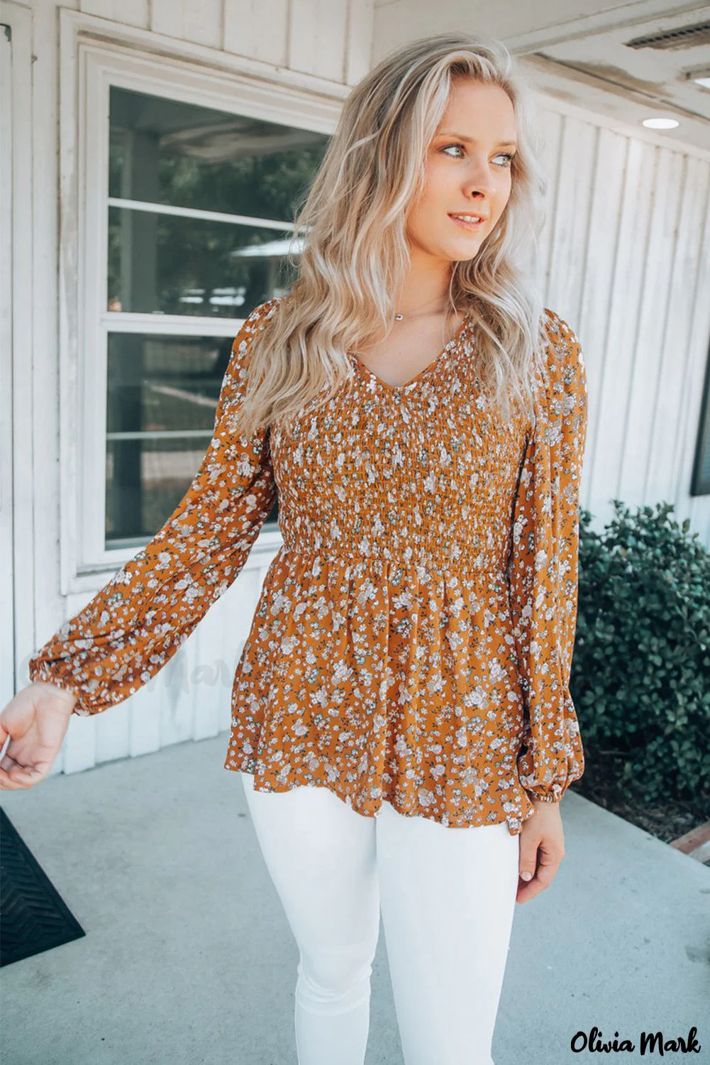 Deanwangkt - Orange Floral Print Ruched Long Sleeve V-Neck Blouse - Deanwangkt