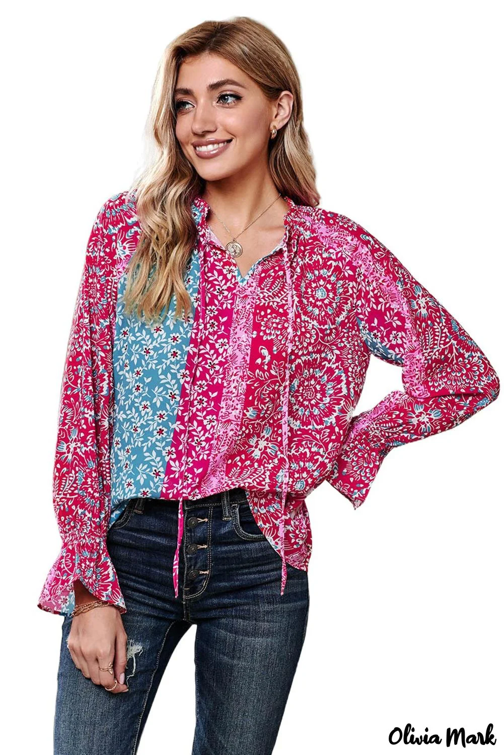 Deanwangkt - Pink Printed Split Collar Blouse - Deanwangkt