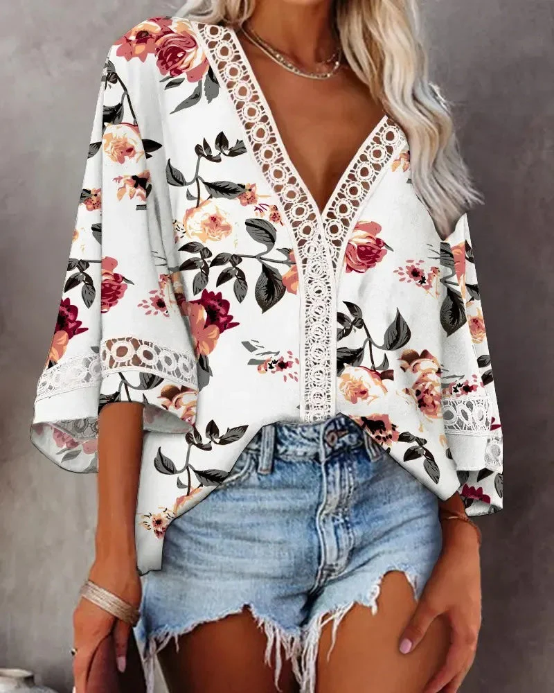Deanwangkt - Floral Print Lace Bell Sleeve V-Neck Top - Deanwangkt