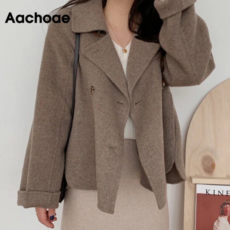 Christmas Gift Deanwangkt New Fashion Women Elegant Double Breasted Long Sleeve Wool Coats Autumn Winter Chic Casual Solid Color Outerwear - Deanwangkt