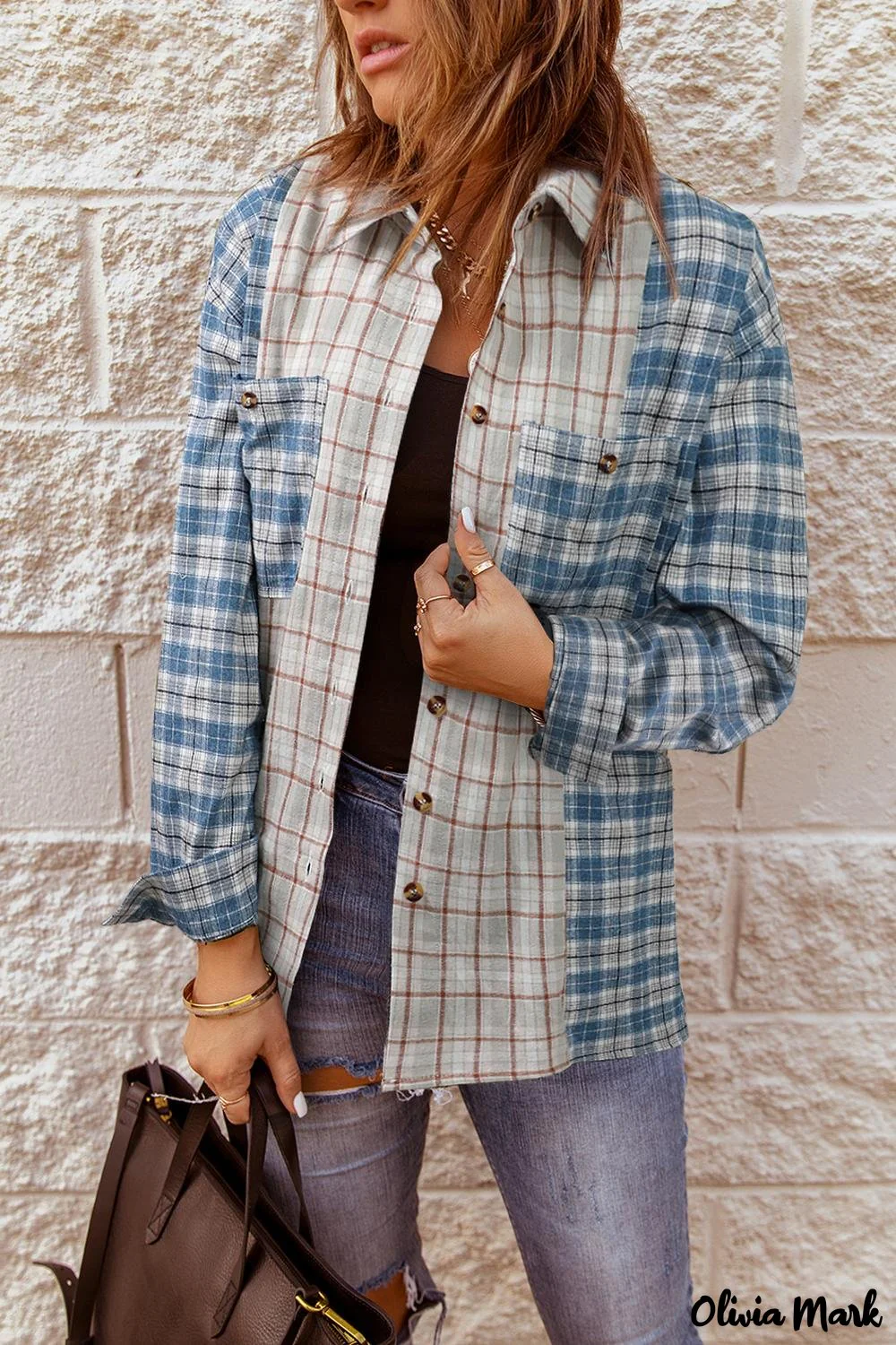 Deanwangkt - Pink Plaid Button Down Long Sleeve Shirt With Color Block Pocket - Deanwangkt