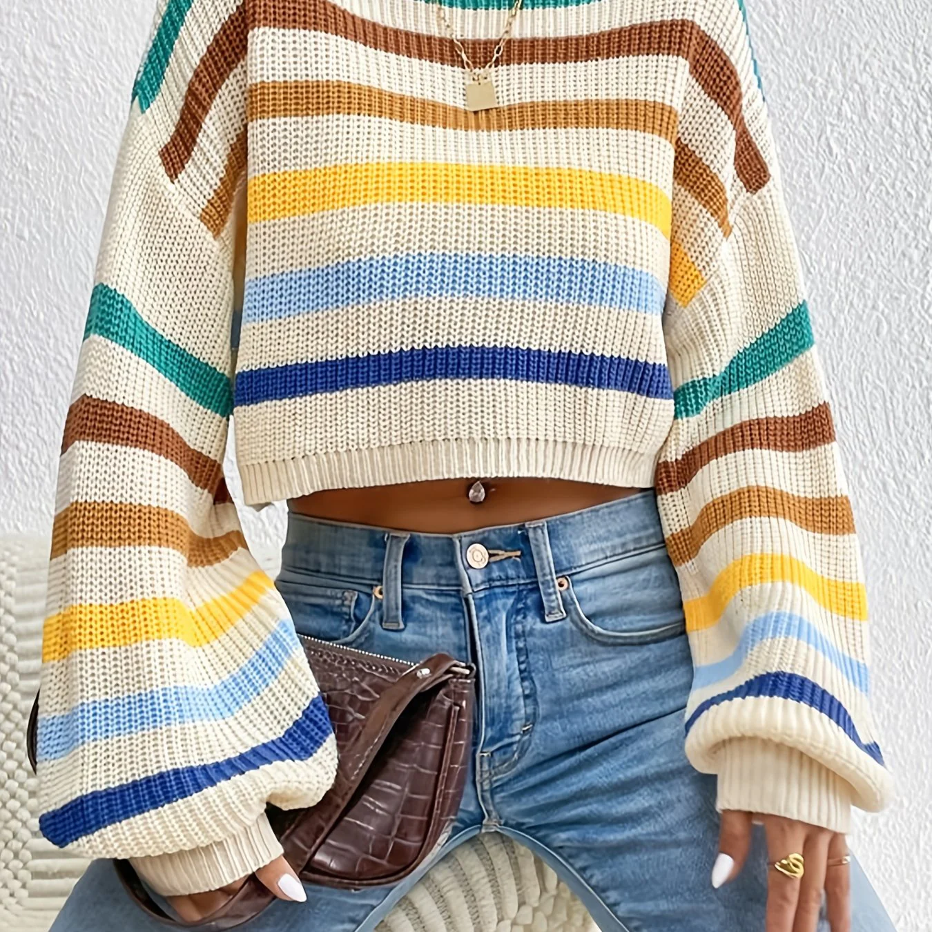 deanwangkt-1  Colorful Stripe Cropped Knit Sweater, Casual Crew Neck Bishop Long Sleeve Sweater, Women's Clothing - Deanwangkt