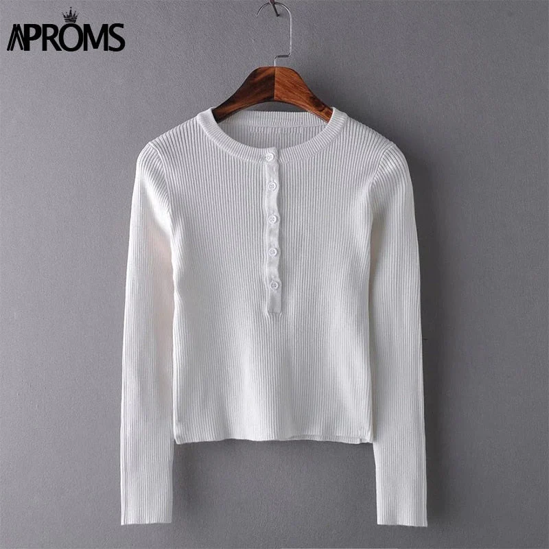 Christmas Gift Aproms Strentch Knitted Short Pullovers Sweater Winter Long Sleeve Slim Crop Top Streetwear Buttons Warm Knitwear Jumper Deanwangkt - Deanwangkt