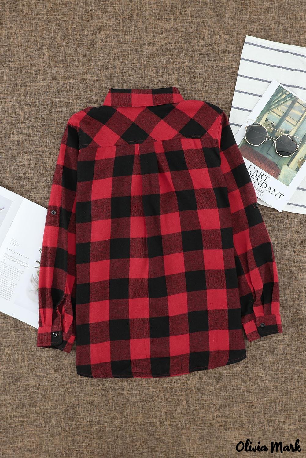 Deanwangkt - Red Buffalo Plaid Blouse with Button Pocket - Deanwangkt