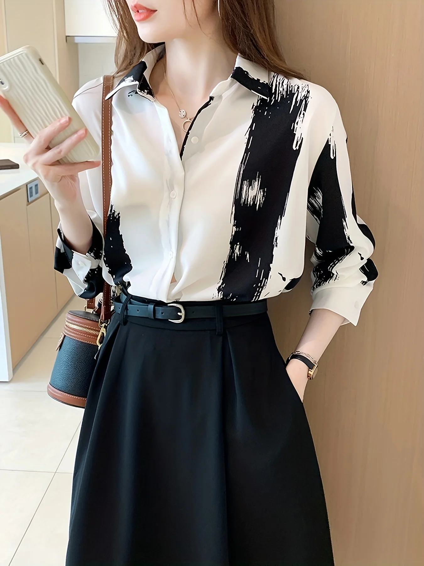 Brush Print Button Front Shirt, Casual Turn Down Collar Long Sleeve Shirt, Women's Clothing - Deanwangkt