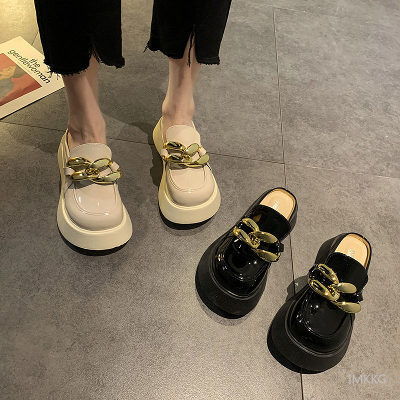 Deanwangkt New Slippers Loafer Chunky Golden Chains Women Chain Backless Leather Loafer Cork Midsole Ladies Luxury Mule Sandal - Deanwangkt