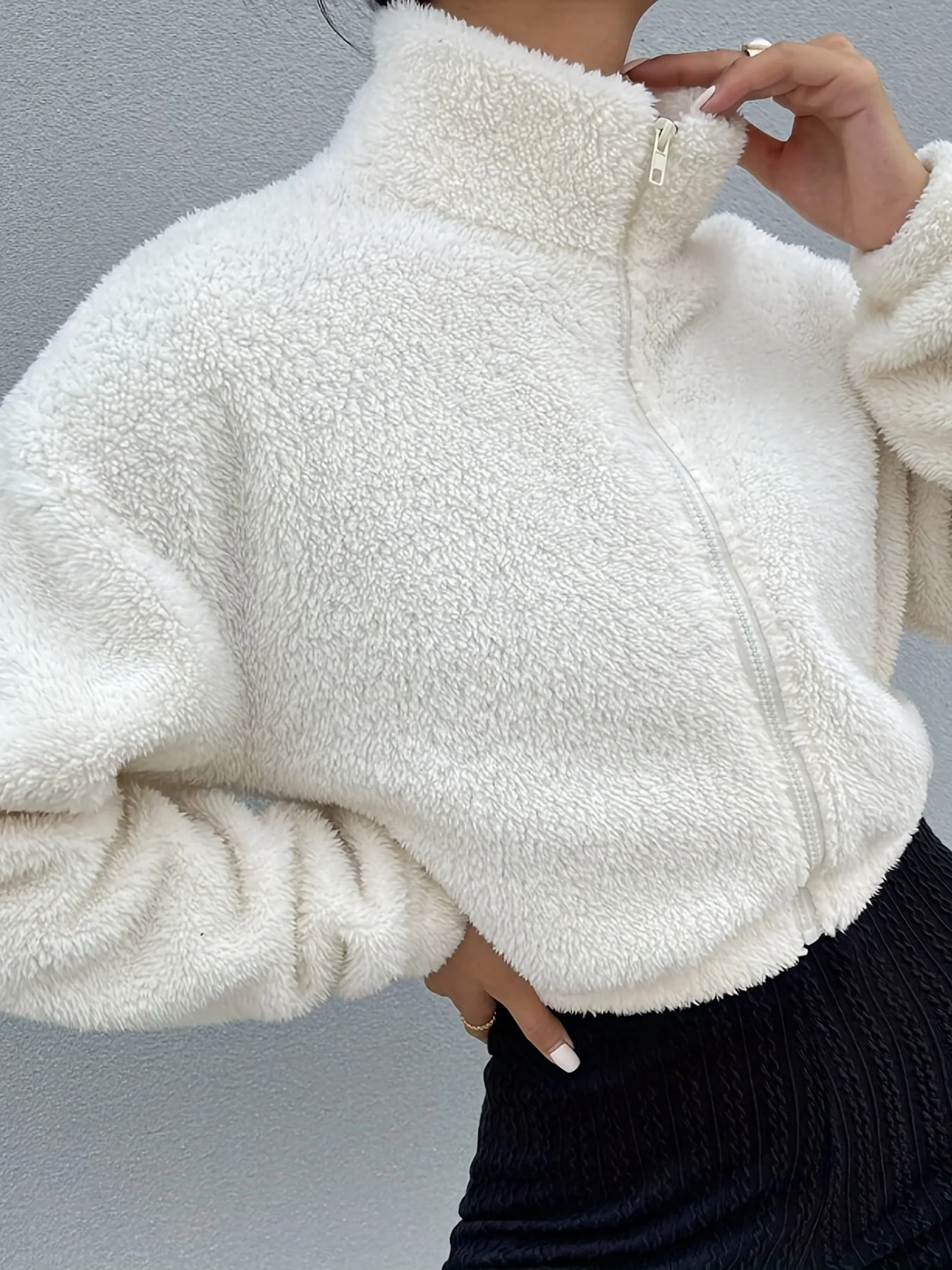 deanwangkt-1  Zip Up Teddy Jacket, Casual High Neck Long Sleeve Outerwear, Women's Clothing - Deanwangkt