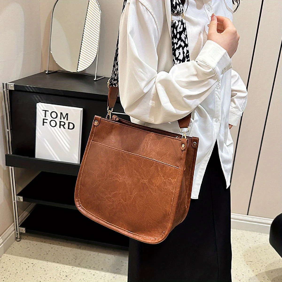 Retro Crossbody Bag For Women, Solid Color Shoulder Bag, Saddle Bag With Leopard Guitar Strap - Deanwangkt