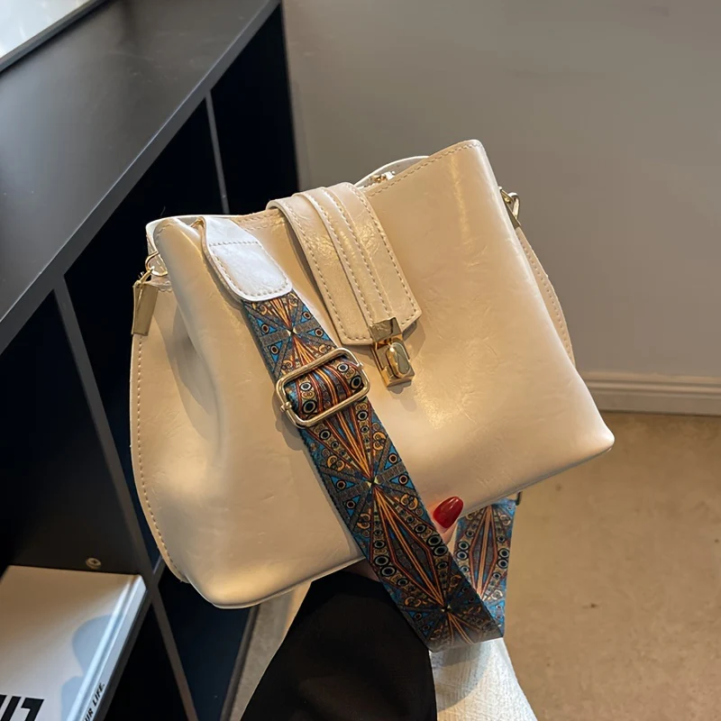 Buckle Decor Bucket Bag, Trendy Wide Strap Crossbody Bag, Women's Faux Leather Purse - Deanwangkt