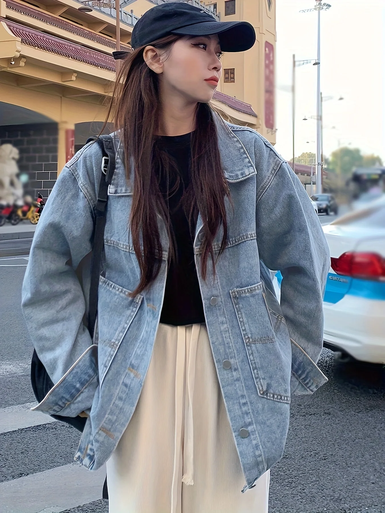 Blue Loose Fit Lapel Denim Coat, Long Sleeves Single Breasted Button Denim Jacket, Women's Denim Clothing - Deanwangkt