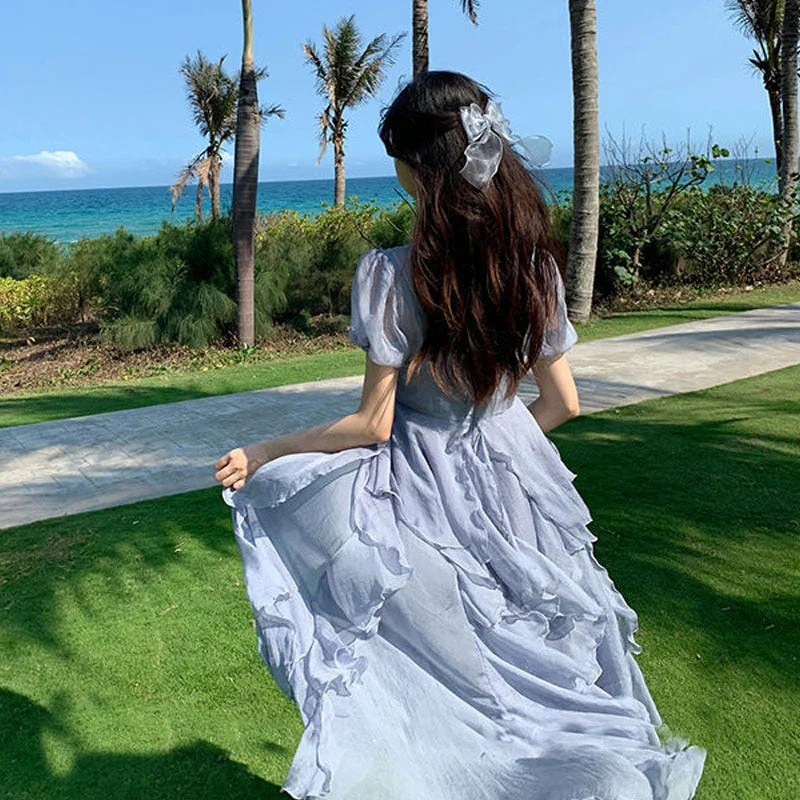 Christmas Gift Deanwangkt Summer Pink Elegant Casual Women's Dresses Short Sleeve Sweet Midi Dress Females Party One Piece Dress Korean Square Collar - Deanwangkt