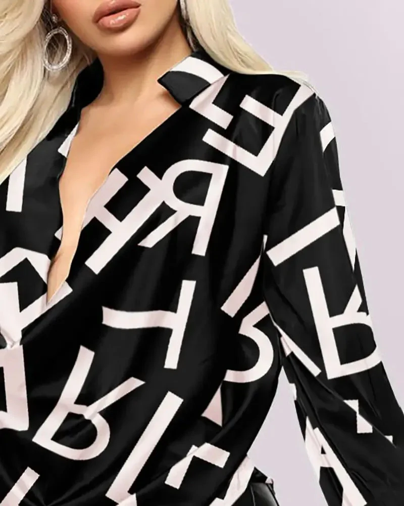 Deanwangkt - Satin long sleeve top with letter print and plunging neckline - Deanwangkt