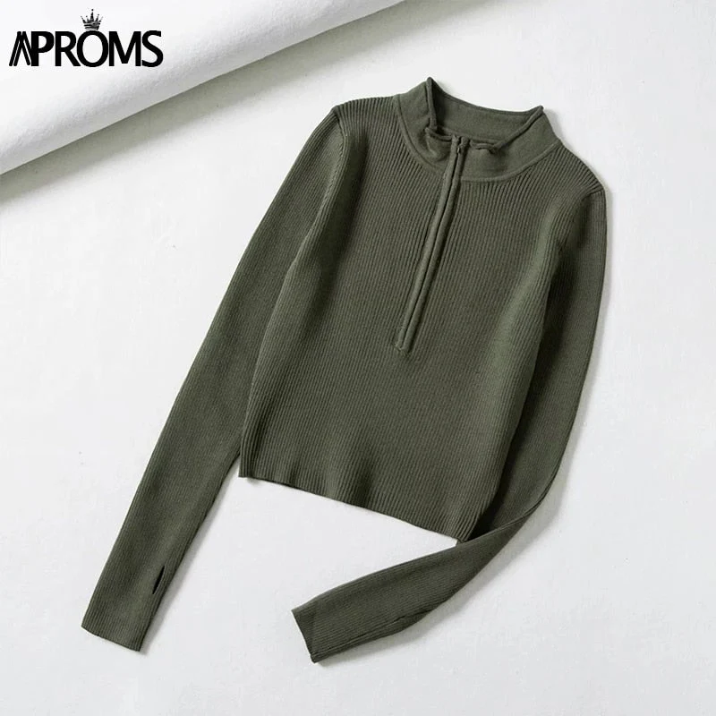 Christmas Gift Aproms Elegant High Neck Zipper Front Knitted Sweater Women Solid Basic Cropped Pullover Winter Spring Fashion Clothing Top Deanwangkt - Deanwangkt