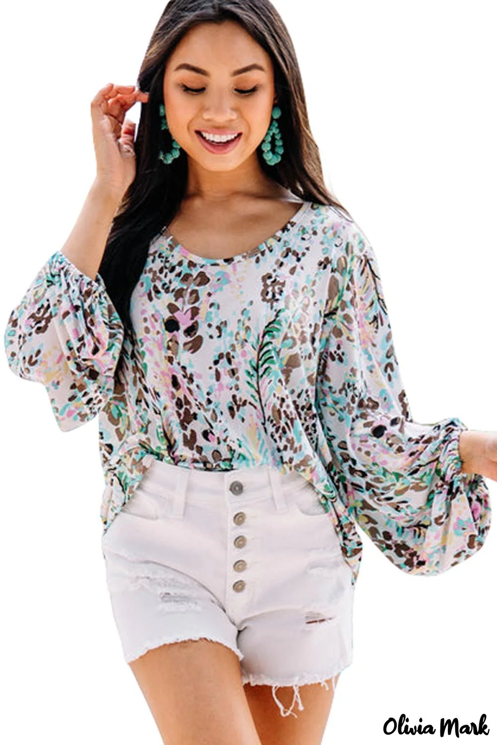 Deanwangkt - Green Floral Print Puff Sleeve Loose Blouse - Deanwangkt