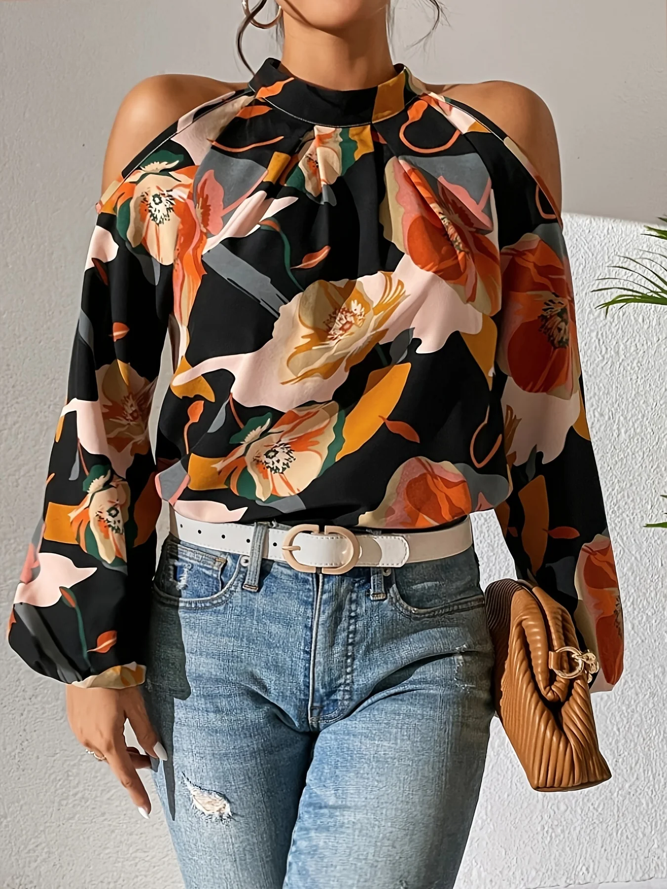 Floral Print Cold Shoulder Blouse, Elegant Lantern Sleeve Blouse For Spring & Fall, Women's Clothing - Deanwangkt