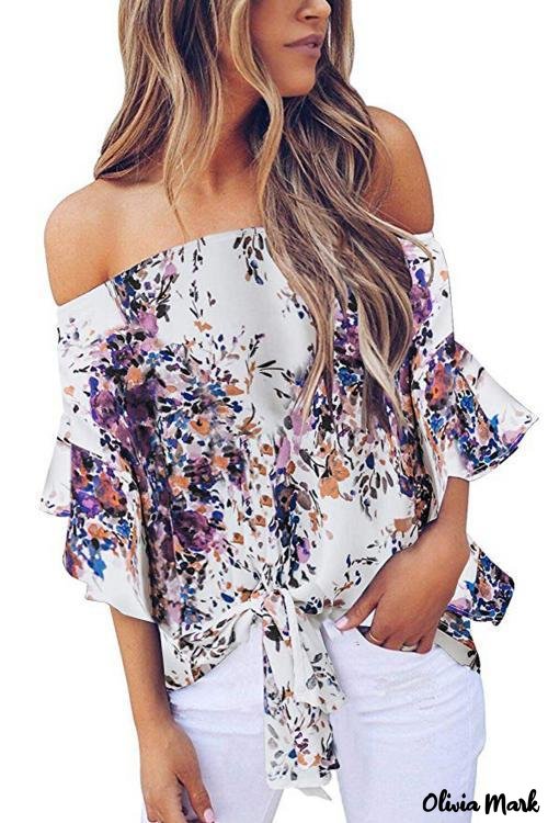 Deanwangkt - Blue Chiffon Off Shoulder Tie Front Blouse - Deanwangkt