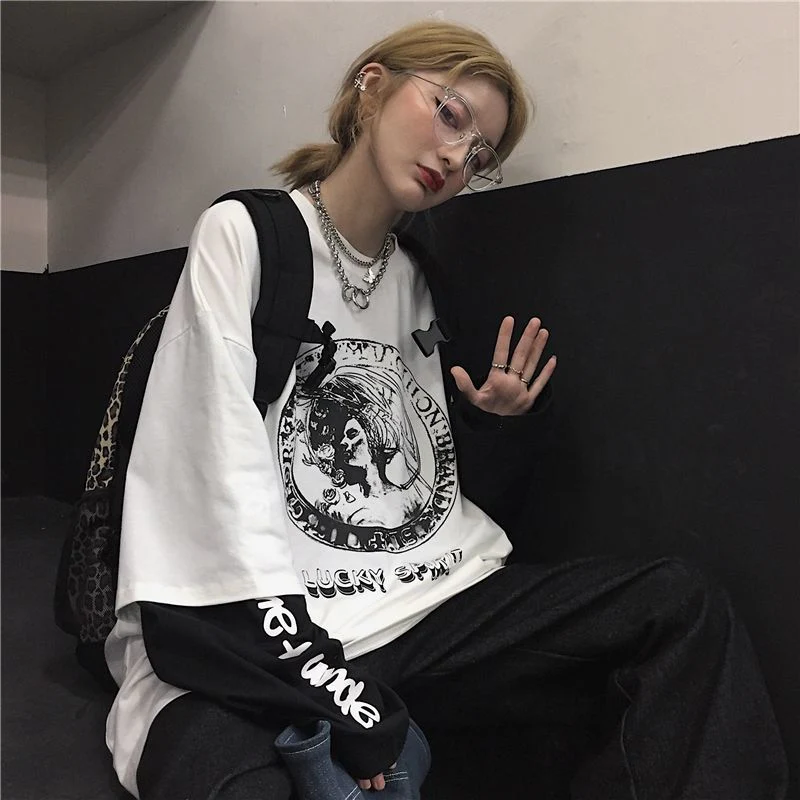 Black Friday Sales Summer Oversized T-Shirt S-5XL Unisex Black And White Stitching Streetwear Fashion Goth Punk Tops Dark Y2K Loose Female T-Shirt - Deanwangkt