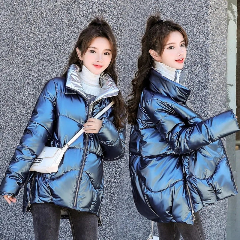 Christmas Gift Deanwangkt New Women's Winter Jacket Glossy Parka Stand Callor Down Cotton Jacket Warm Casual Cotton Padded Parkas Snow Wear Coat - Deanwangkt