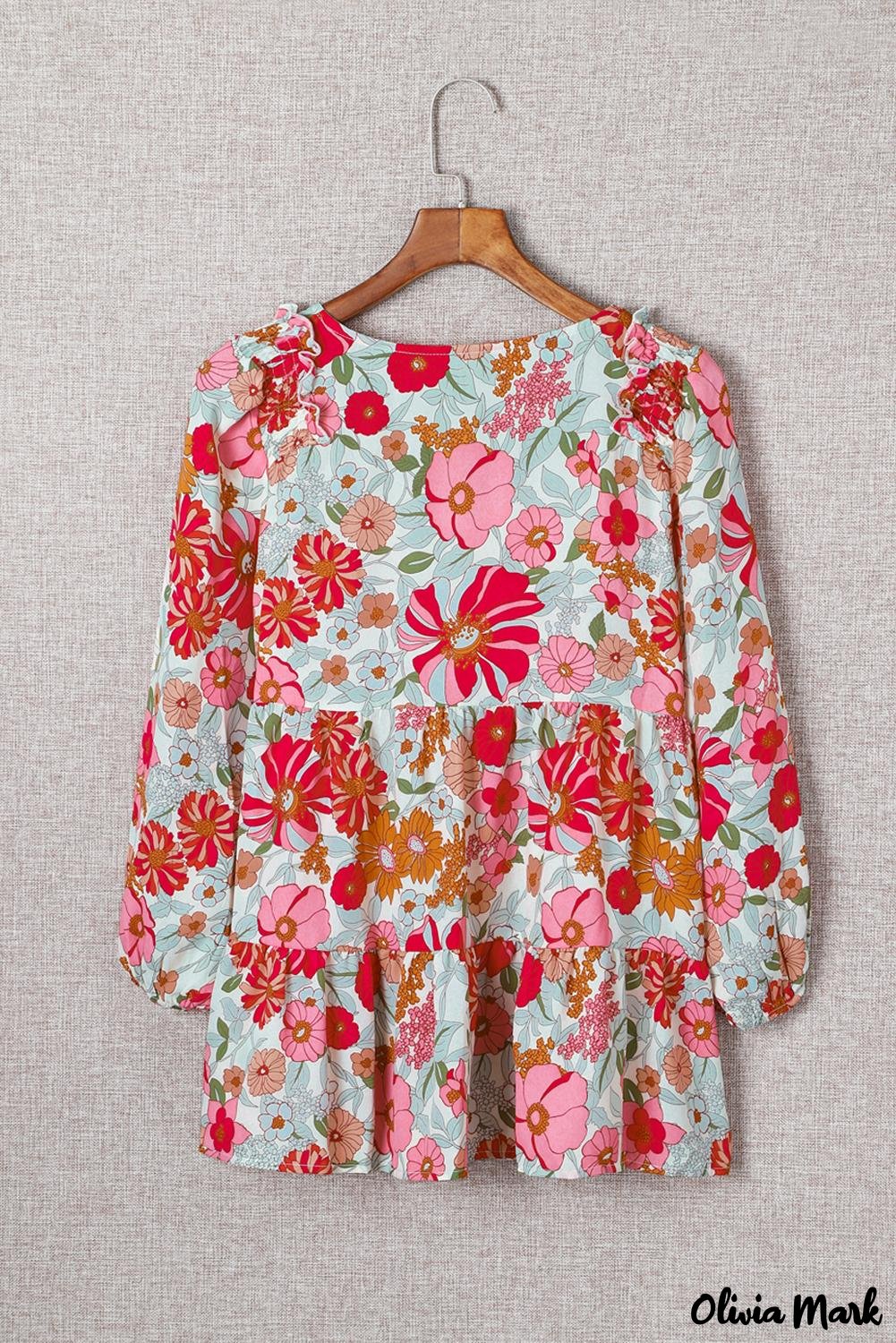 Deanwangkt - Floral Print Ruched Babydoll V-Neck Blouse - Deanwangkt