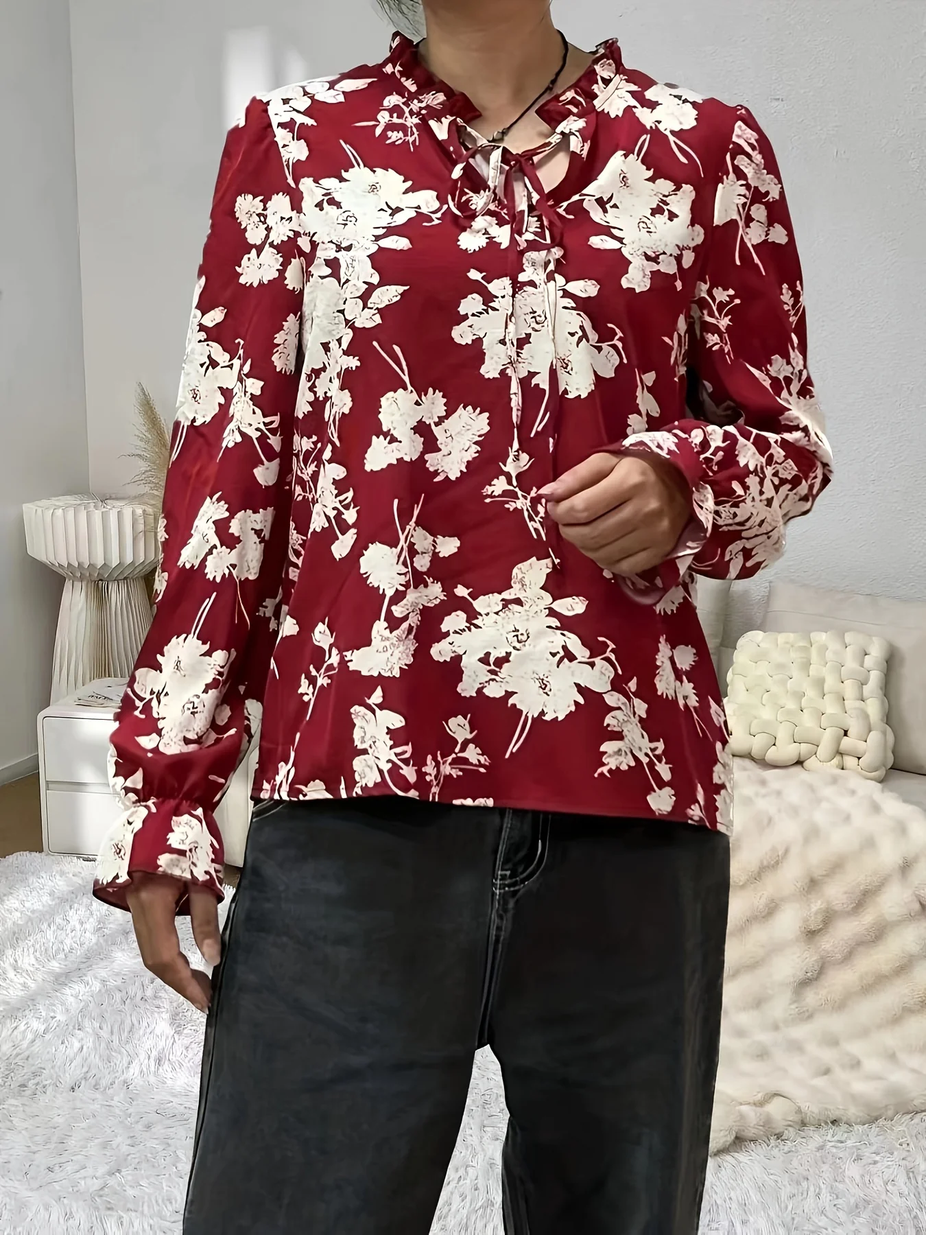 Floral Print Tie Front Blouse, Elegant V Neck Long Sleeve Blouse, Women's Clothing - Deanwangkt