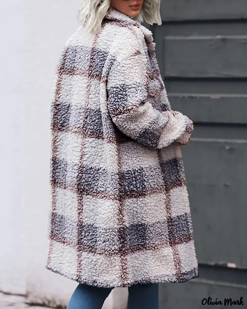 Deanwangkt - Pocket Pattern Plush Jacket with Plaid Button - Deanwangkt