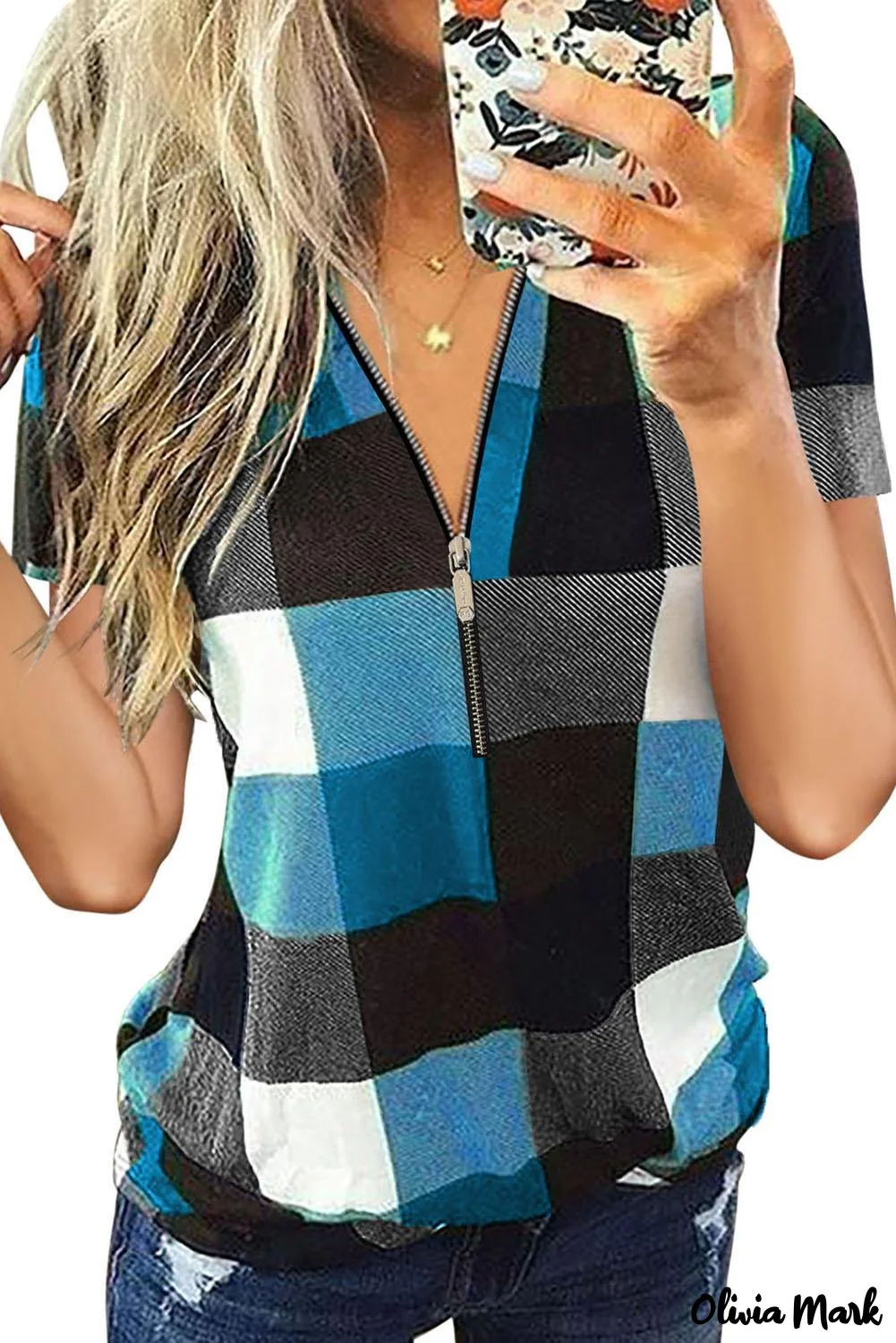 Deanwangkt - Blue Checked Zip V-Neck Short Sleeve Blouse - Deanwangkt