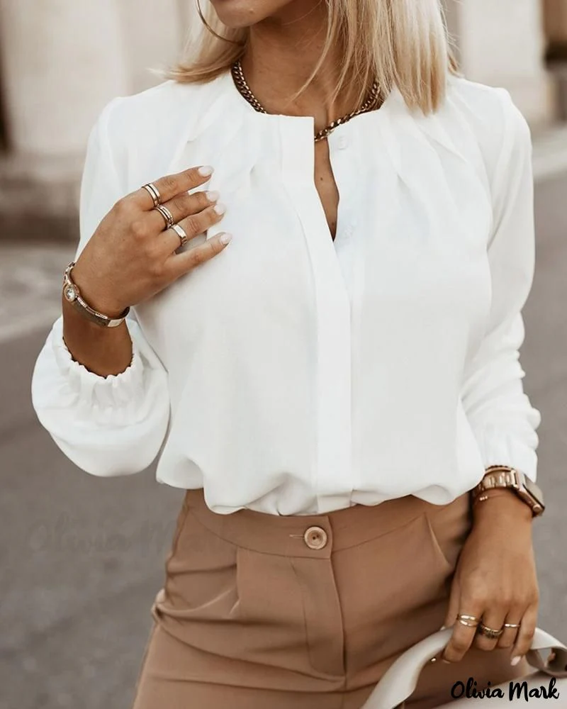 Deanwangkt - Womens O-Neck Long Sleeve Ruched Button Up Blouse - Deanwangkt