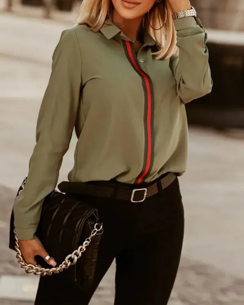 Deanwangkt - Striped Trim Long Sleeve Button Down Shirt - Deanwangkt