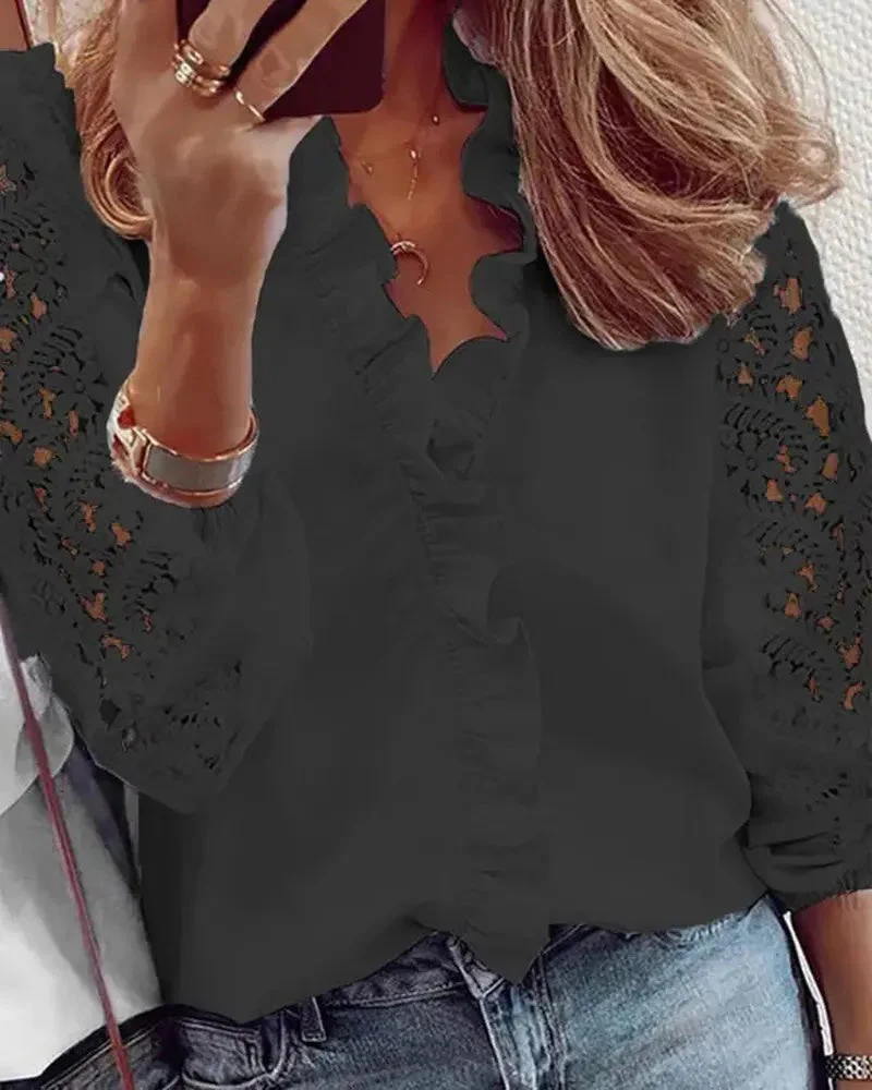 Deanwangkt - Long sleeve top with crochet lace insert and ruffled hem - Deanwangkt